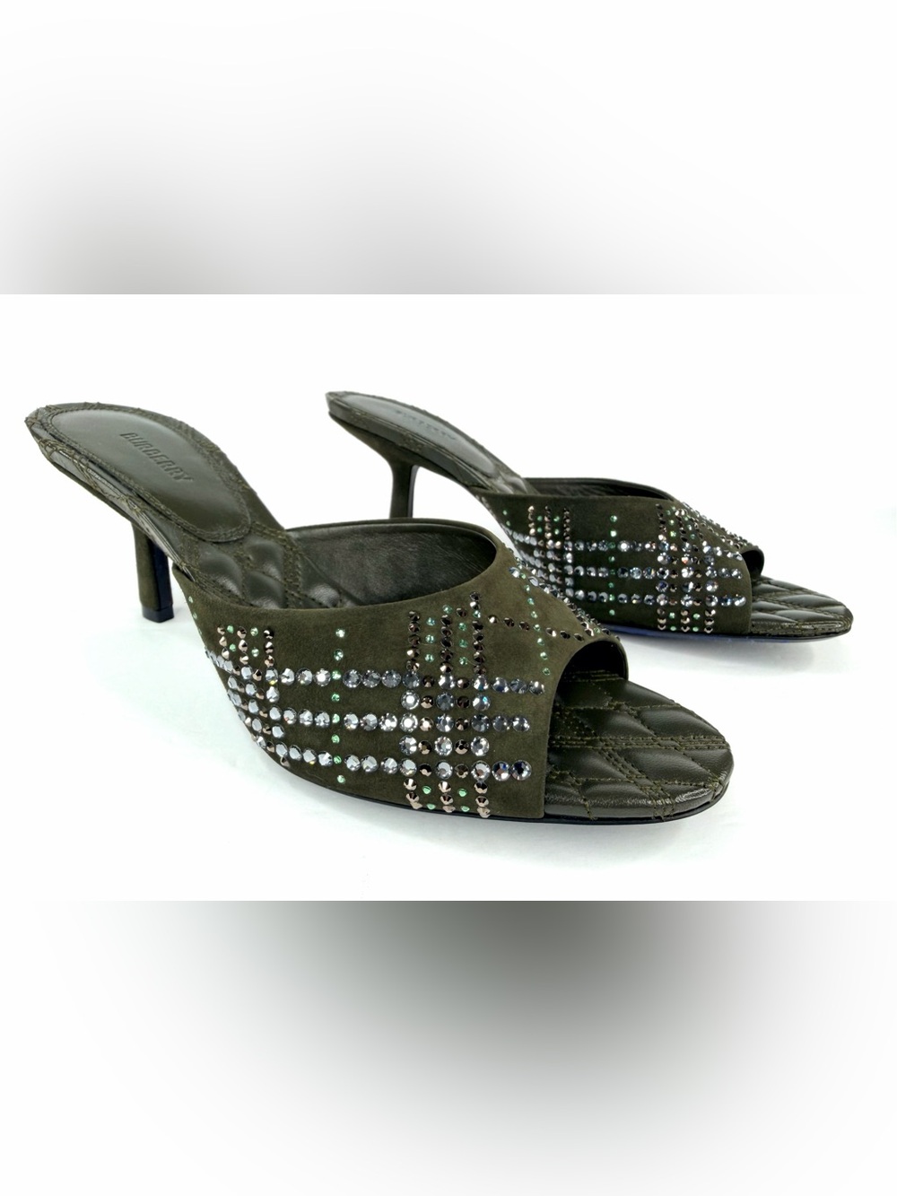 Burberry Suede Crystal Embellished 65 mm Open Toe Mule Sandals Size EU 39